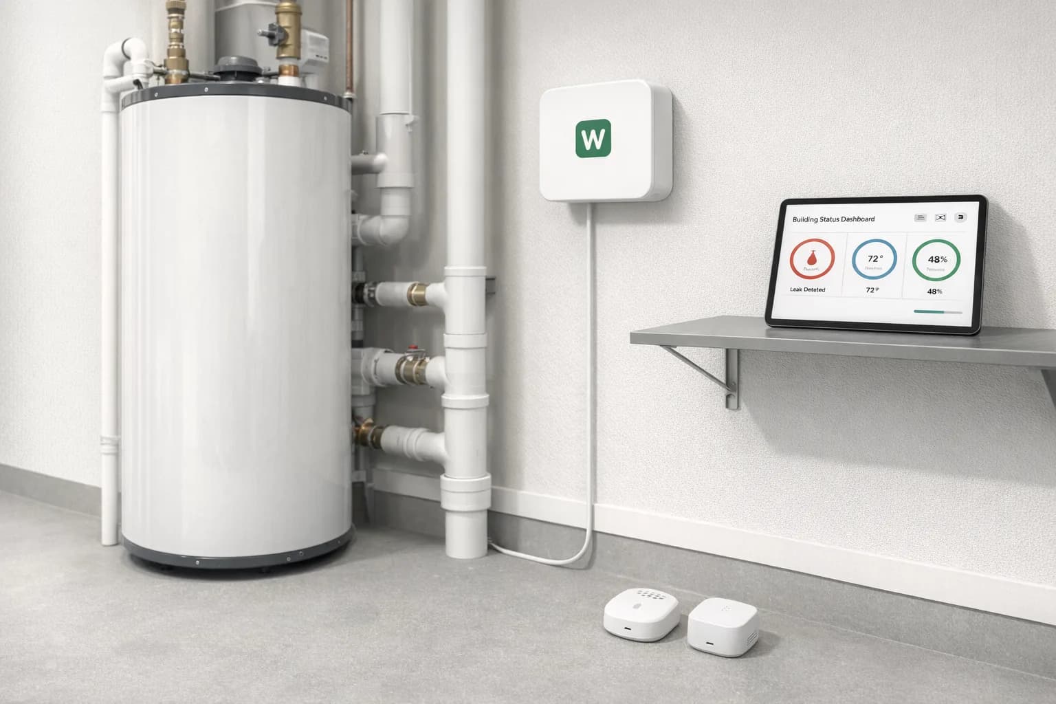 Leak and temperature sensors in a building mechanical room with a Webkms gateway on the wall