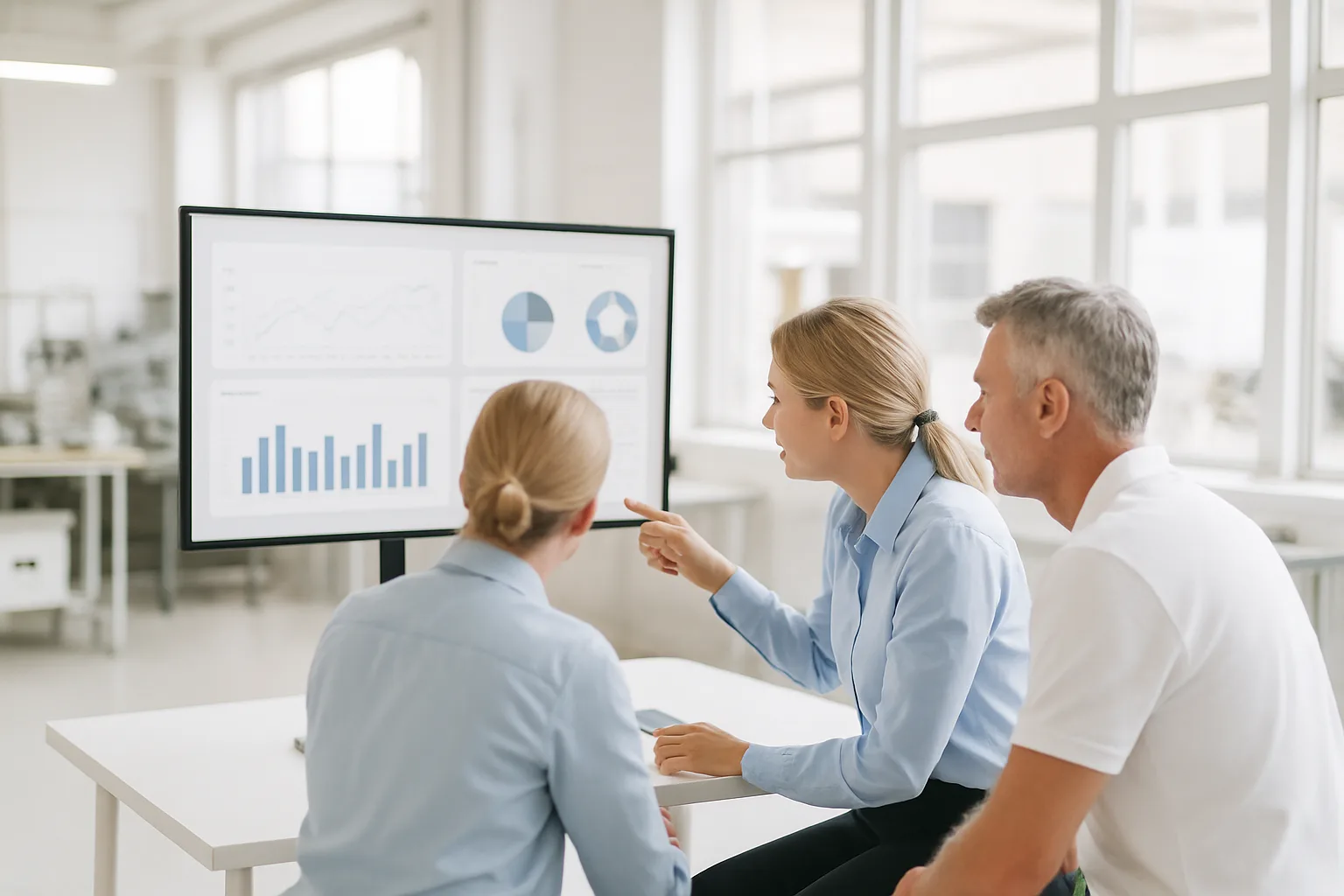 Operations team reviewing automation dashboards in a workshop office