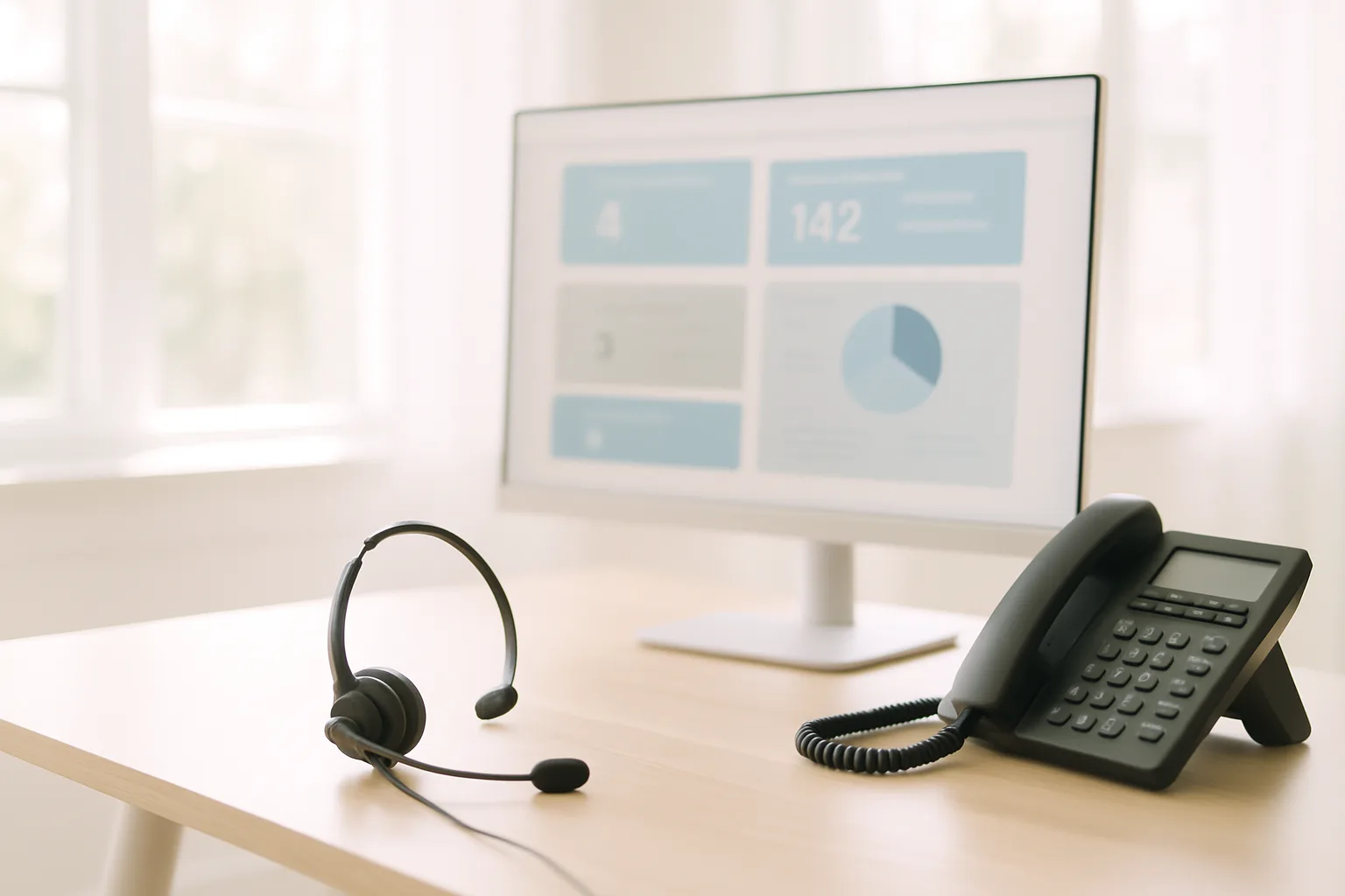 Dispatch desk with headset, phone and call dashboard in a warmly lit office