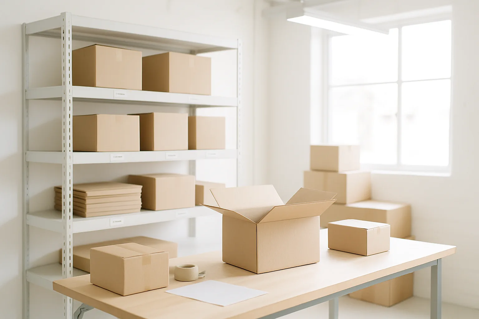 Warehouse packing bench with labelled shelves and shipping cartons