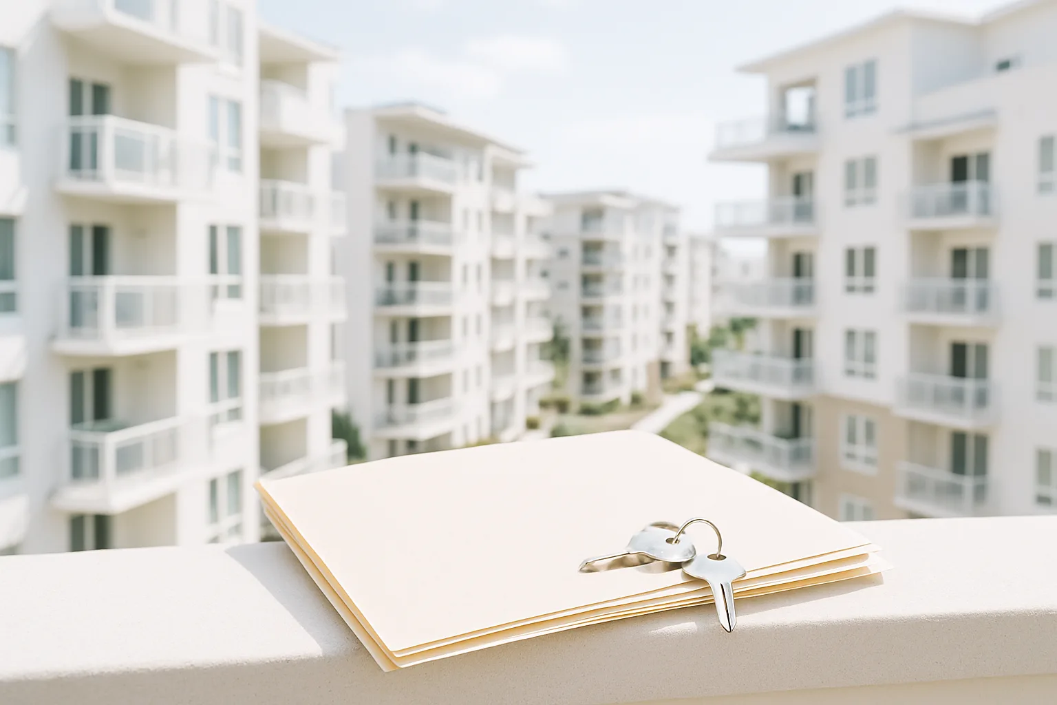 Managed residential buildings with a filing folder and keys in the foreground