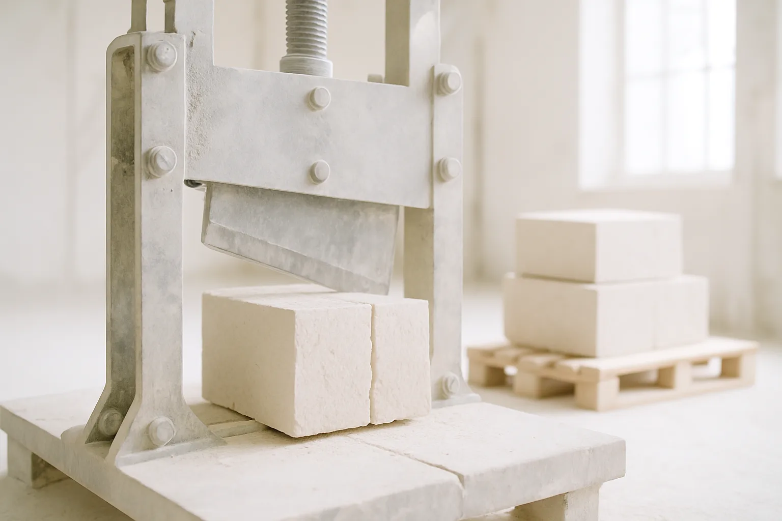 Stone guillotine cutting a limestone block with cut pieces stacked on pallets