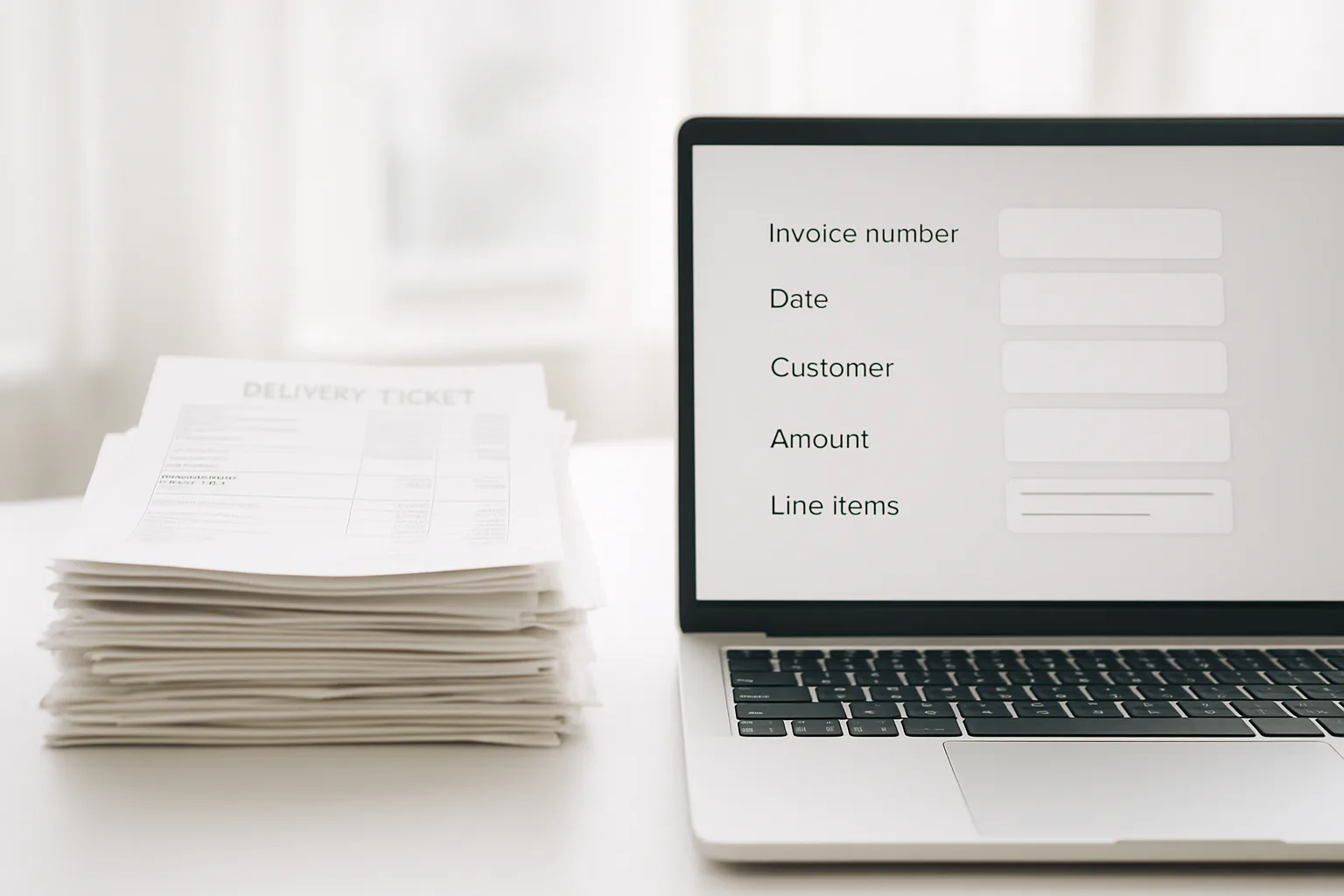 Stack of delivery tickets and invoices beside a laptop showing extracted data fields