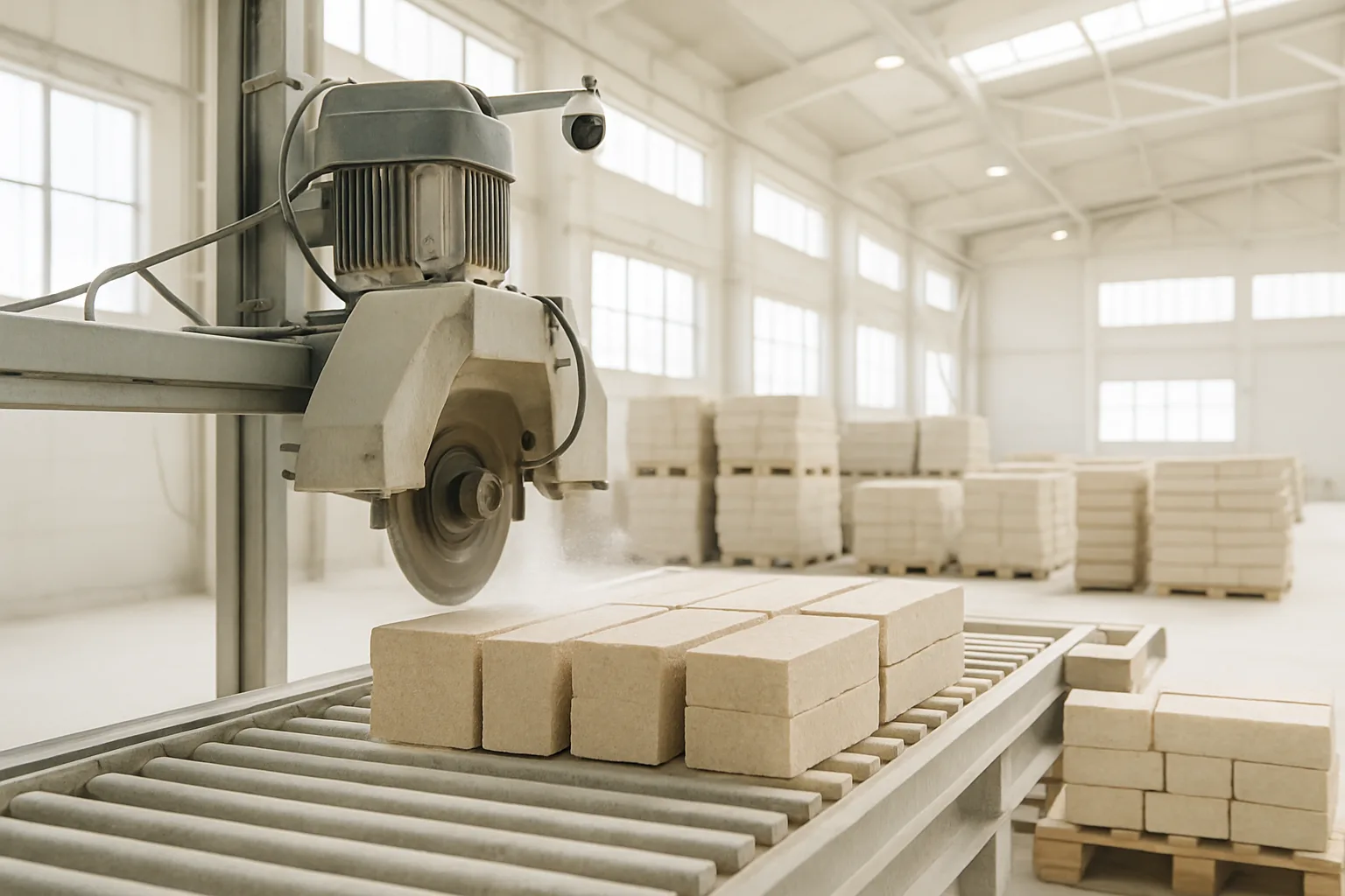 Stone cutting line with cut blocks stacked on pallets and a camera mounted above